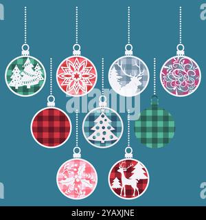 Christmas baubles, winter holidays decorations with buffalo plaid ornament, tartan fabric texture background, vector isolated illustration. Stock Vector