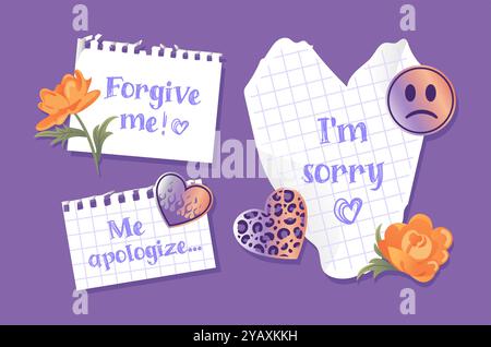 A collage featuring a sorry sign, apology notes, and flowers, created with torn notebook pages. It includes metallic holographic Y2K stickers and 2000 Stock Vector