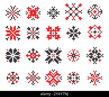 Ukrainian ornamental stars. Traditional red white black decorative cross-stitch elements, country folk embroidery emblem logo design. Vector isolated Stock Vector