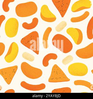 Snacks pattern. Seamless print of various fast food and junk food, cartoon snack mix with chips, burgers, hot dogs and pizza. Vector texture Stock Vector