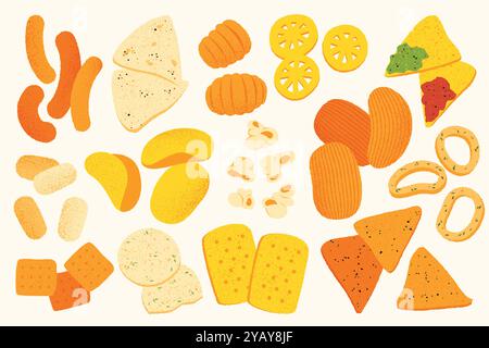 Cracker chips snacks. Cartoon pretzel sticks twisted straws rolls, salty baked chips onion rings appetizers, delicious crispy baked food. Vector Stock Vector