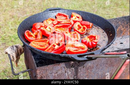Roasted peppers in a pan over hot coals outdoor in summer Stock Photo