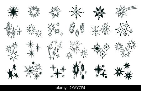 Line doodle star. Abstract hand drawn twinkling sparkle and glittering sky elements. Vector night sky twinkle and shine decorative collection Stock Vector