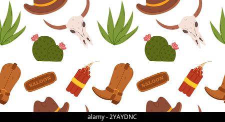 Seamless cowboy themed pattern, boots, hats, bull skulls, cacti, saloon signs, dynamite, and desert plants. Ideal for textiles, wallpapers, and decorations inspired by Wild West Stock Vector