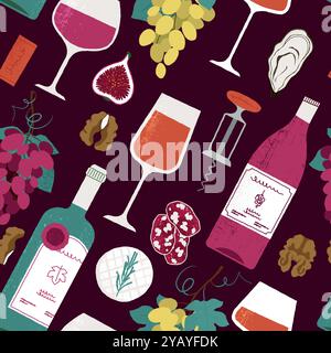 Wine appetizers pattern. Seamless print of french traditional snacks for holiday party, baguette sausage cheese and grapes on red wine background Stock Vector