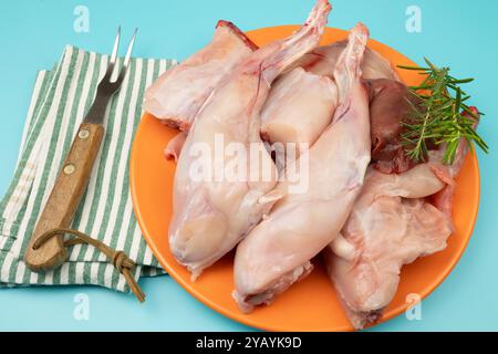 raw rabbit pieces, close-up, on a plate Stock Photo