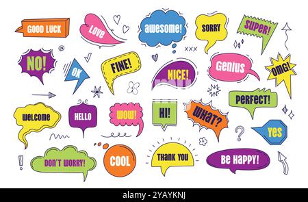 Hand-drawn speech bubbles. Cartoon comic message frames with text, cute doodle speech cloud and thought shape. Vector set Stock Vector