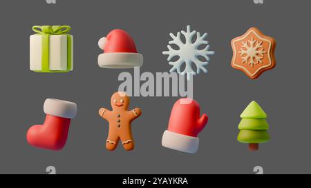 Vector 3D illustration set of Christmas themed objects - gift box, Santa hat, snowflakes, gingerbread cookie, mitten, stocking, and Christmas tree Stock Vector