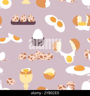 Eggs seamless pattern. Fresh egg from chicken and quail. Vitamin protein super food, cooking and baking popular ingredient, vector background Stock Vector