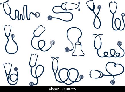 Stethoscopes silhouettes. Medical tools, stethoscope different shapes. Hospital and ambulance elements for doctors and nurses, healthcare recent Stock Vector