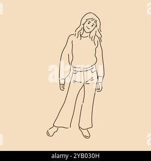 Standing pose woman. Line art drawing. Sketch outline vector illustration Stock Vector