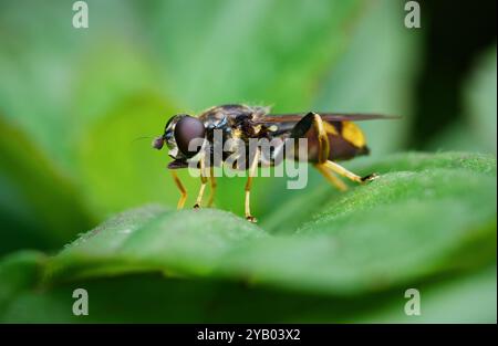 Macro, Close Up Of A Golden Tailed Leaf Licker Fly, Xylota sylvarum Resting On A Leaf, New Forest UK Stock Photo