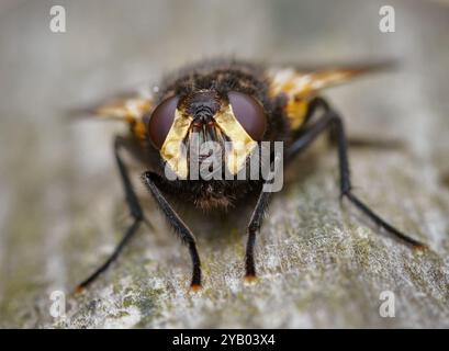 Macro,Close Up Of The Face And Head Of A Noon Fly, Mesembrina meridiana Resting On Wood Showing Compound Eyes, New Forest UK Stock Photo