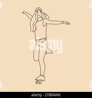 Skateboard girl. Line art drawing. Sketch outline vector illustration Stock Vector