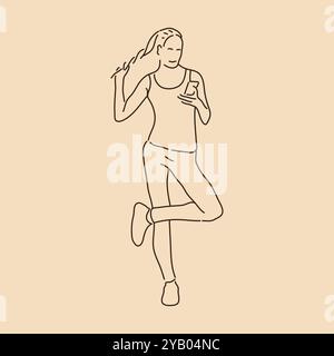 Woman using phone. Line art drawing. Sketch outline vector illustration Stock Vector