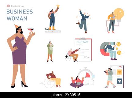 Business Woman set. Diverse female professionals in various roles and achievements. Leadership, celebration, innovation, multitasking. Vector illustration. Stock Vector