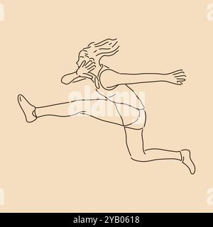 Woman Long Jump. Line art drawing. Sketch outline vector illustration Stock Vector