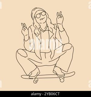 Skateboard girl. Line art drawing. Sketch outline vector illustration Stock Vector