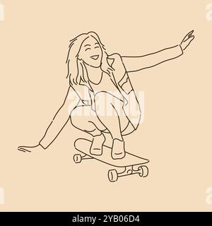 Skateboard girl. Line art drawing. Sketch outline vector illustration Stock Vector