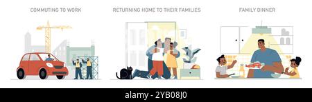 Builder's day set. Illustrates a construction worker's routine from commuting, returning home to family dinner. Urban life balance and family values. Vector illustration. Stock Vector