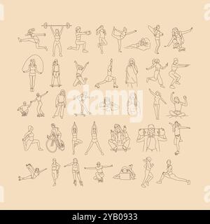 Daily Woman Routine. Line art drawing. Sketch outline vector illustration Stock Vector