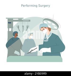 Medical teamwork in an operating room illustrated by surgeons focused on a patient during a surgical procedure. Operating theater setup. Vector illustration. Stock Vector