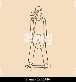 Skateboard girl. Line art drawing. Sketch outline vector illustration Stock Vector