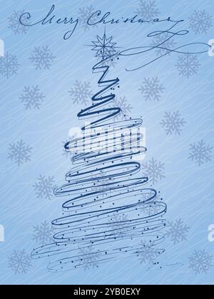 Merry christmas tree with snowflakes. The tree is blue and has a star on top Stock Vector