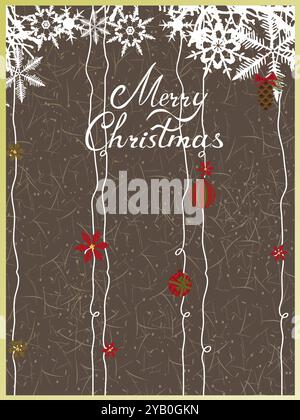 Merry christmas sign with snowflakes hanging from the ceiling. The snowflakes are white and the background is grey Stock Vector
