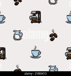 Simple seamless pattern with coffee cup, coffee beans, milk jug and coffee maker. Set of icons for the design of a cafe Stock Vector