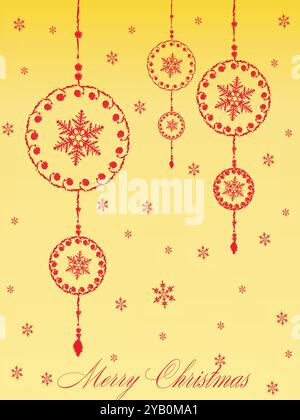 Merry christmas sign with snowflakes and red and yellow decorations. The sign is hanging from the ceiling Stock Vector
