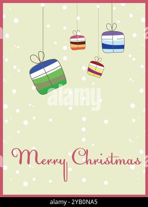 Merry christmas sign with four boxes hanging from the ceiling. The boxes are different colors and are decorated with ribbons Stock Vector