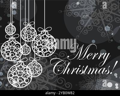 Merry christmas! The image features a black and white background with a bunch of white balls hanging from the ceiling Stock Vector