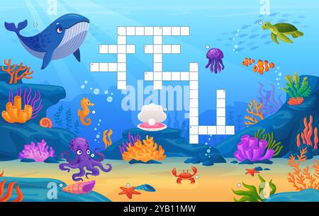 Underwater animals crossword. Quiz puzzle game with sea animals for school or preschool kindergarten kids, search english cross word find whale octopus turtle vector illustration original artwork Stock Vector