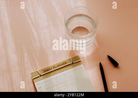 Flat lay minimalist daily planner with a simple design, featuring checkboxes and lines for tasks. Pink surface next to a glass cup, creating a clean a Stock Photo