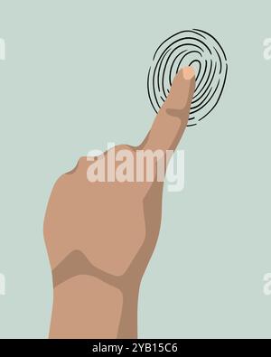 A hand gently touches a fingerprint scanner, symbolizing the use of biometric identification in modern technology and security Stock Vector