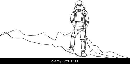 continuous single line drawing of hiker with backpack in mountains, line art vector illustration Stock Vector