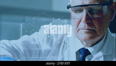 Image of network of connections over caucasian male scientist working in lab. Global science, connections and digital interface concept digitally gene Stock Photo