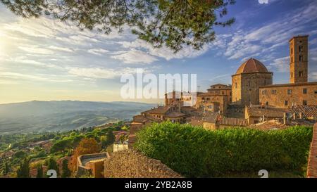 Volterra town skyline, church and panorama at sunset. Province of Pisa, Tuscany, Italy Stock Photo