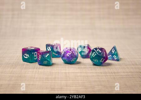 Set of dice for fantasy dnd and rpg tabletop games. Board game polyhedral dices with different sides isolated on white background Stock Photo