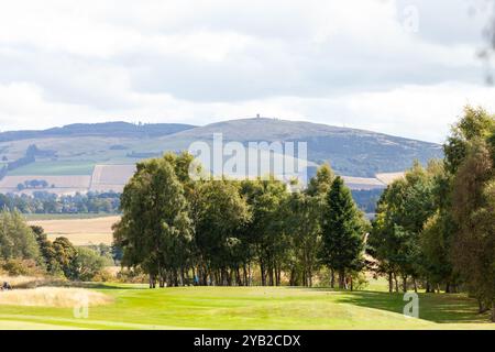 Strathmore Golf Course near Alyth with Kinpurney Tower in the background, Perth and Kinross, Scotland Stock Photo