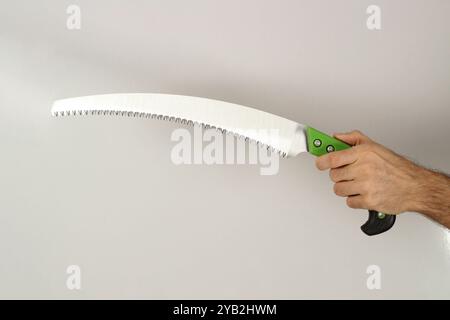 Man holding pruning saw isolated on white background. Close up. Stock Photo