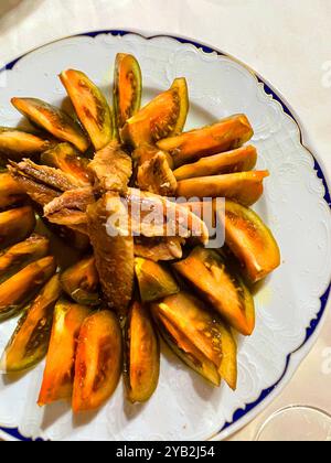 Tomato salad with tuna loins. Spain. Stock Photo