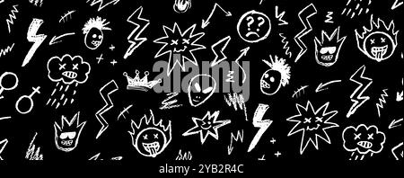 Grunge rock seamless pattern with doodle elements. Wax pencil drawing face with tongue out, cartoon thunderbolt like children pen drawing and other Stock Vector