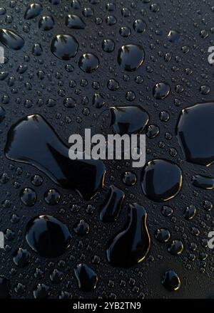 Water droplets on black surface creating reflective shapes Stock Photo