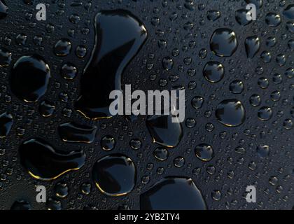 Water droplets on black shiny surface in sunlight Stock Photo
