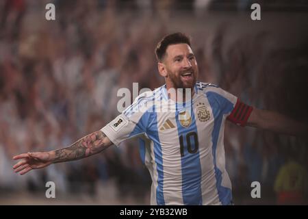 Lionel Messi celebrates his goal against Bolivia. Argentina's national football team delivered a stunning 6-0 victory over Bolivia during the 10th round of the South American World Cup Qualifiers at the Monumental Stadium in Buenos Aires, Argentina on October 15, 2024. Lionel Messi scored three goals and provided two assists, leading Argentina to 22 points and securing their spot at the top of the standings. Goals from Lautaro Martínez, Julián Álvarez, and Thiago Almada completed the dominant performance, which ended Bolivia's winning streak of three matches. (Photo by UNAR Photo/Sipa USA) Stock Photo