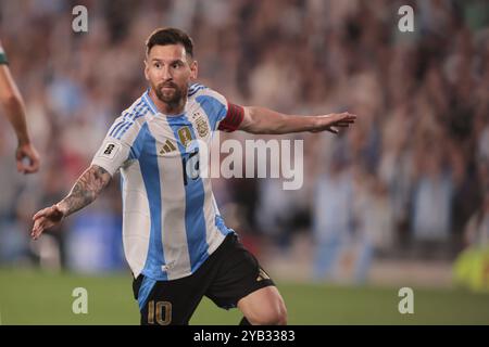 Lionel Messi celebrates his goal against Bolivia. Argentina's national football team delivered a stunning 6-0 victory over Bolivia during the 10th round of the South American World Cup Qualifiers at the Monumental Stadium in Buenos Aires, Argentina on October 15, 2024. Lionel Messi scored three goals and provided two assists, leading Argentina to 22 points and securing their spot at the top of the standings. Goals from Lautaro Martínez, Julián Álvarez, and Thiago Almada completed the dominant performance, which ended Bolivia's winning streak of three matches. (Photo by UNAR Photo/Sipa USA) Stock Photo