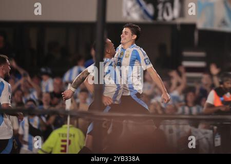 Julian Alvarez (R) celebrates his goal. Argentina's national football team delivered a stunning 6-0 victory over Bolivia during the 10th round of the South American World Cup Qualifiers at the Monumental Stadium in Buenos Aires, Argentina on October 15, 2024. Lionel Messi scored three goals and provided two assists, leading Argentina to 22 points and securing their spot at the top of the standings. Goals from Lautaro Martínez, Julián Álvarez, and Thiago Almada completed the dominant performance, which ended Bolivia's winning streak of three matches. (Photo by UNAR Photo/Sipa USA) Stock Photo