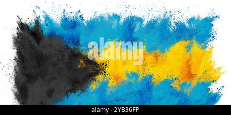 colorful flag of bahamas with turquoise blue yellow and black color holi paint powder explosion isolated on white background. caribbean national europ Stock Photo